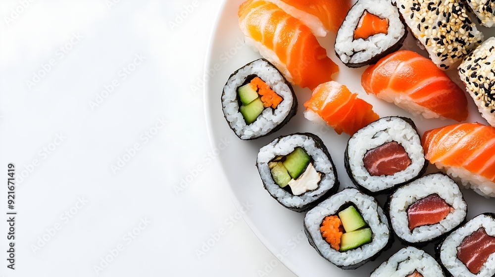 Poster neatly arranged fresh sushi rolls on a pristine white background
