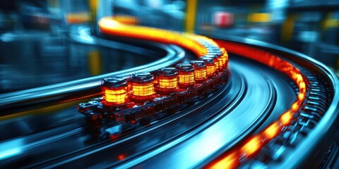 Obraz premium An abstract view of glowing conveyor belts in a modern factory highlighting industrial technology and efficiency