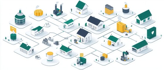 Obraz premium Illustration representing a diverse neighborhood with various buildings, factories, and pathways symbolizing community and connectivity