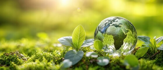 A glass globe showcasing Earth amidst lush greenery symbolizing environmental awareness and sustainability