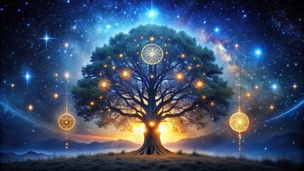 Naklejka premium Majestic tree adorned with mystical symbols, glowing runes, and celestial patterns, set against a starry night sky with a subtle mist, evoking ancient wisdom and magic.
