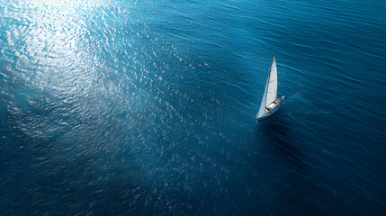 A sailboat is sailing in the ocean with the sun reflecting off the water. The scene is peaceful and serene