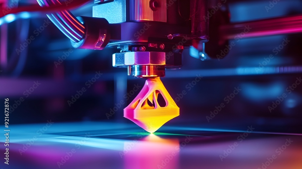 Poster vibrant 3d printer in action creating colorful object