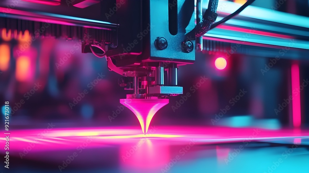 Poster vibrant colorful 3d printer in action creating object