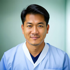 Asian man hospital worker looking at camera and smiling, studio, light background
