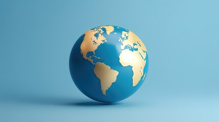 3D rendering of a blue and gold world globe on a light blue background.