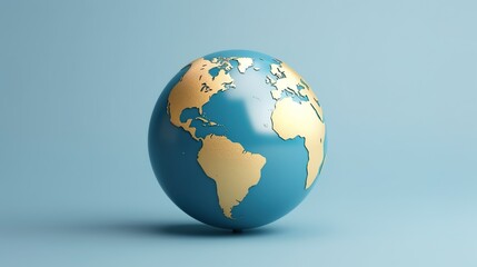 Fototapeta premium 3D rendering of a blue and gold world globe on a light blue background.