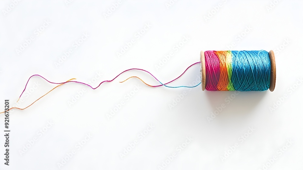 Poster vibrant spool of colorful thread with slightly unraveled end on white background