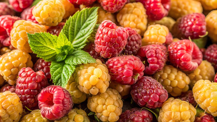 Background of fresh sweet red raspberries arranged together representing concept of healthy diet
