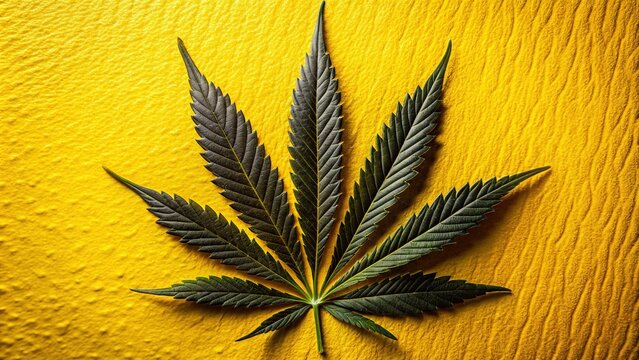 A close-up of a cannabis leaf is prominently displayed on a vibrant yellow flyer with bold black font and a subtle texture effect.