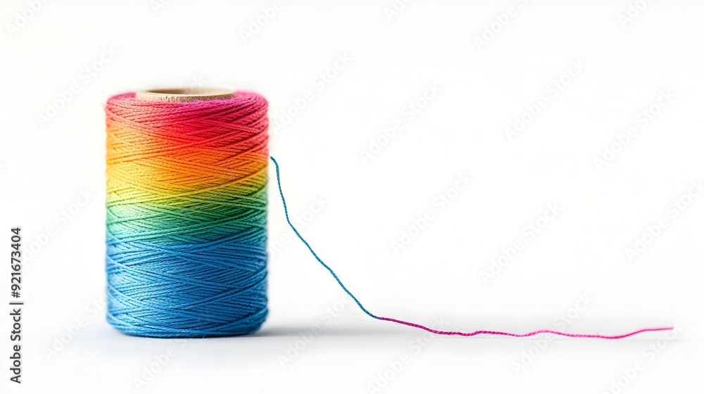 Poster Vibrant Spool of Multicolored Thread with Unraveled End on White Background