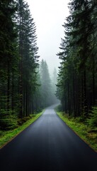 A serene winding road through a lush green forest, enveloped by misty fog, perfect for nature lovers and travel enthusiasts.