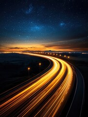 Obraz premium A stunning night scene of a winding road illuminated by vehicle lights under a starry sky, capturing the beauty of motion and nature.