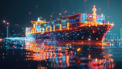 Obraz premium Digital Cargo Ship with Neon Lights