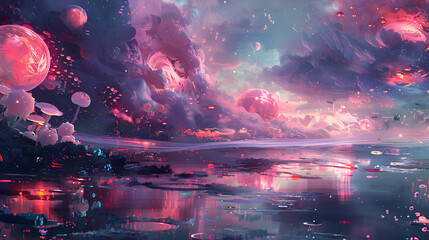 Obraz premium Fantasy Landscape with Mushrooms and Planets - Digital Illustration