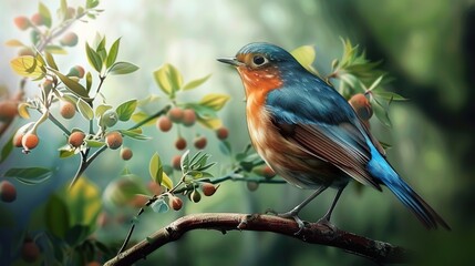 A vibrantly colored bird perches on a branch with lush green foliage and blurred background.