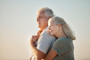 Relax, beach and senior couple hug with love, care and support for anniversary holiday or date...