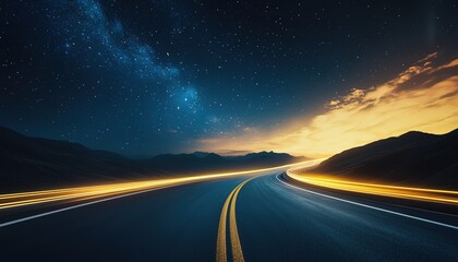 Fototapeta premium A winding road illuminated by starry night skies and a vibrant sunset, perfect for conveying adventure or travel themes.