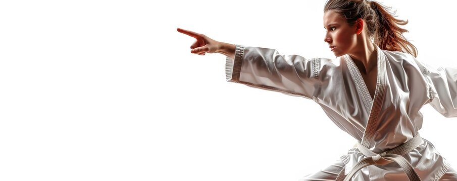 Woman in White Karate Gi Performing a Blocking Technique