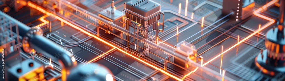 Poster futuristic digital circuit board with glowing lines and components, representing advanced technology