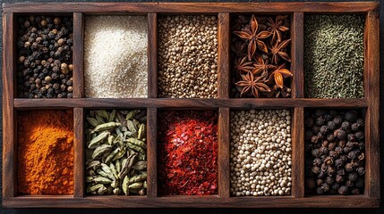 Variety of spices neatly arranged in a wooden box