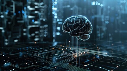 Futuristic digital brain hologram over a circuit board representing artificial intelligence and advanced technology in a blue cyber environment.