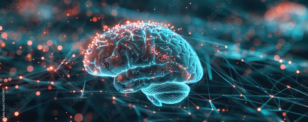 Poster futuristic digital representation of a human brain with neural network connections and glowing nodes
