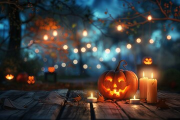 Halloween composition with a Jack o'lantern in a evening garden. AI generative