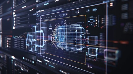 Futuristic digital interface with holographic data and advanced technology graphics, representing innovation in tech and digital analytics.