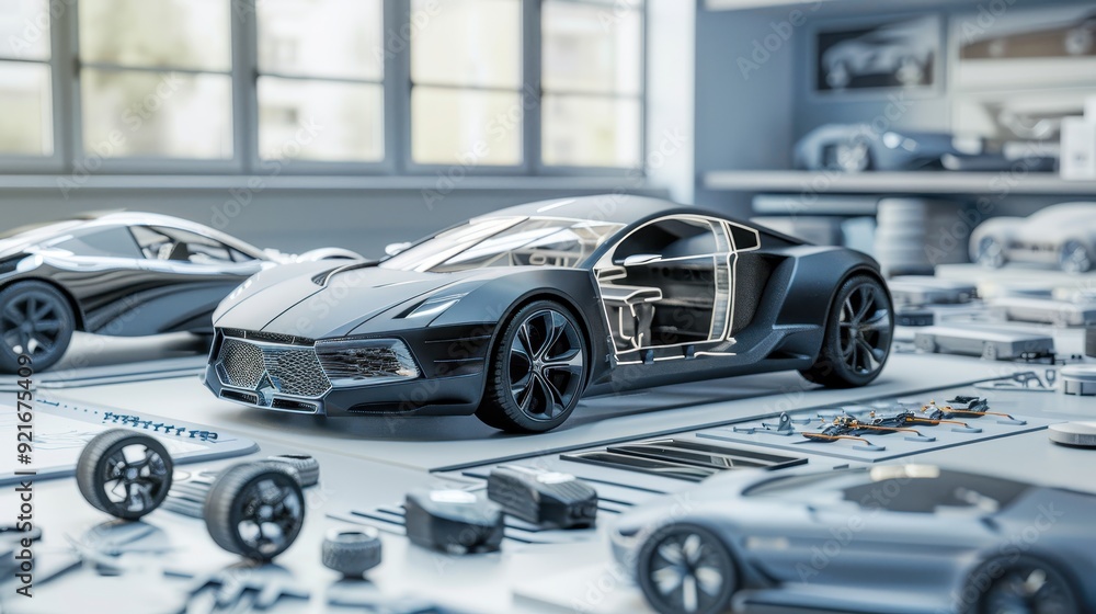 Poster high-tech sports car model with detailed components and schematic diagrams in a design studio settin