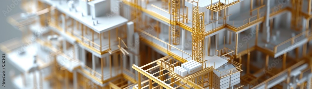 Poster intricate architectural model showcasing detailed structures and designs with yellow scaffolding, re