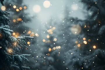 A snowy forest with a tree in the foreground. The snow is falling and the tree is covered in snow. The scene is peaceful and serene