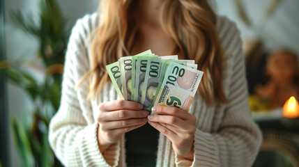 Woman Holding Euro Banknotes: Woman holding euro banknotes, symbolizing concepts