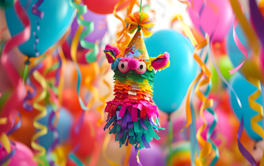 Fototapeta premium A colorful party scene with a colorful hat and a colorful animal. The scene is lively and festive, with a sense of joy