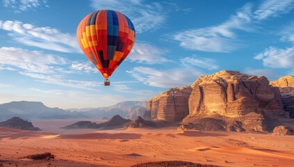 Obraz premium Balon na ogrzane powietrze nad pustynią Wadi Rum w Jordanii