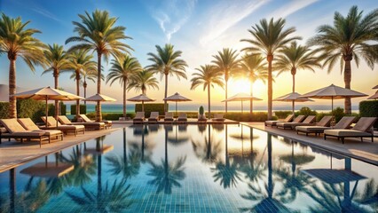 Fototapeta premium Luxury hotel poolside with palm trees and sun loungers, luxury, hotel, poolside, palm trees, sun loungers, relaxation