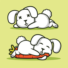 Two Tired Bunnies Resting, One Enjoying a Carrot - Vector Cartoon Style
