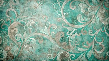 Abstract vintage background with textured swirls of faded turquoise and grey hues, overlaid with grungy distressed elements and subtle organic patterns.