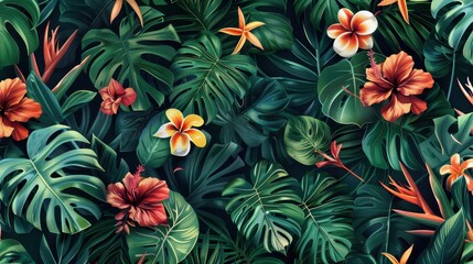 A variety of colorful flowers and leaves create a vibrant tropical atmosphere in a lush garden