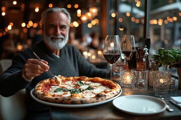 Older ladies having a delicious pizza having lunch in a restaurant.