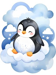 Watercolor Cute Penguin Clipart, Cute Kawaii Penguin Sleeping on Cloud, Nursery Sublimation, Penguins lover, wall art, digital download 