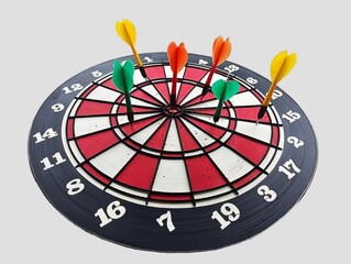 The picture shows a black background dart board with white and red circles with Arabic numerals 1...