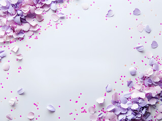 A white background with purple and pink flowers scattered around it. The flowers are in different sizes and shapes, creating a sense of movement and depth. Scene is one of whimsy and playfulness