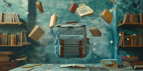 A backpack is prominently featured in a study environment surrounded by floating books. Shelves are full of vintage literature, creating an inspiring academic atmosphere.