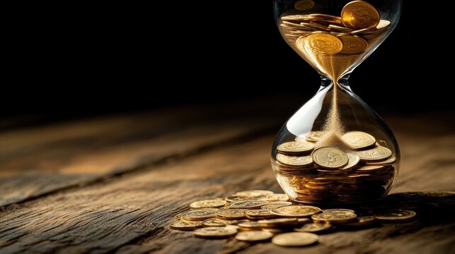 Money is represented by coins in an hourglass. The coins symbolize wealth and investment, while the hourglass reflects time management in finance.
