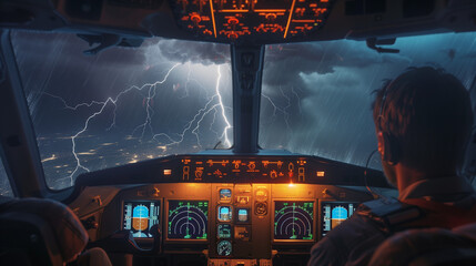 Inside the cockpit of a commercial airplane flying through thunderclouds, with lightning and rain at night