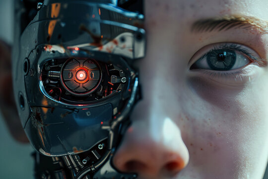 Boy's face. Part human and part futuristic robotic cyborg face - Powered by Adobe