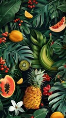 Obraz premium A rich display of tropical fruits nestled among vibrant green leaves, showcasing nature's bounty