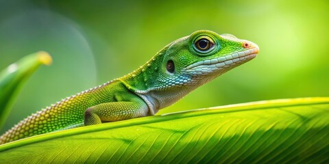 Obraz premium Green lizard basking on a vibrant leaf, lizard, reptile, green, nature, wildlife, exotic, animal, camouflage, wildlife