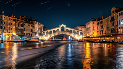 Obraz premium The Rialto Bridge in Venice under the night sky, bright lights from buildings and boat trails creating a picturesque scene
